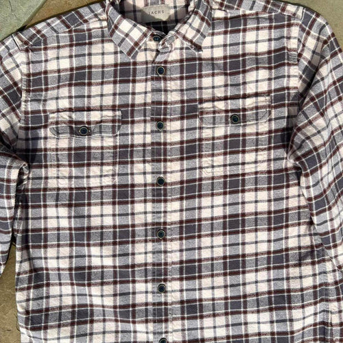 Cream/Grey/Burgundy Plaid Knit Flannel Button Down Shirt