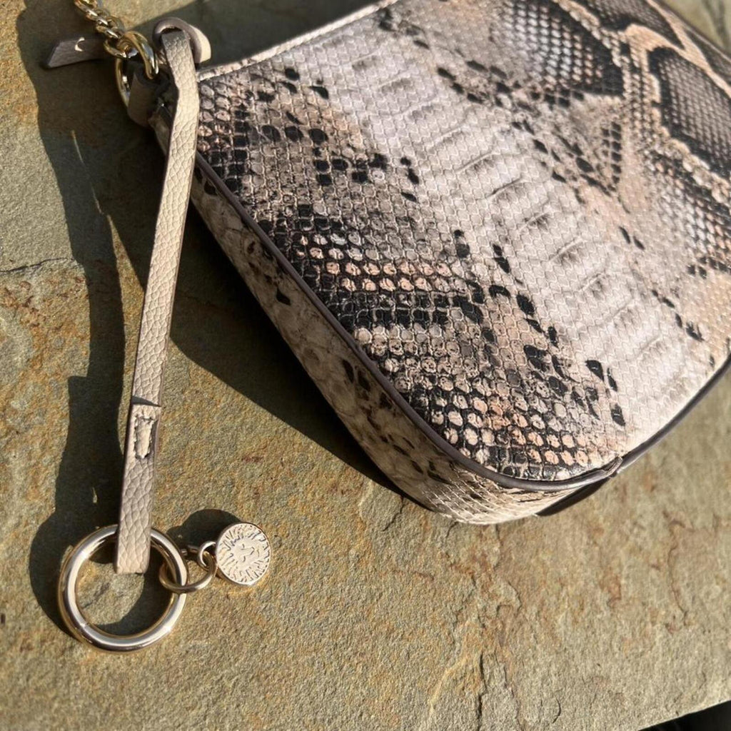 Tan Snake Print Leather Shoulder Bag