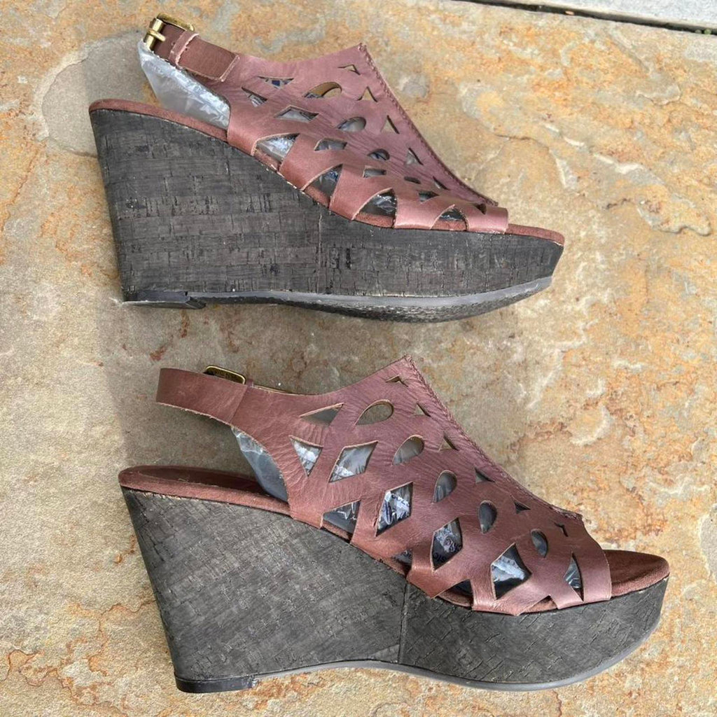 Dark Brown Leather Sandal Wedge High Heels