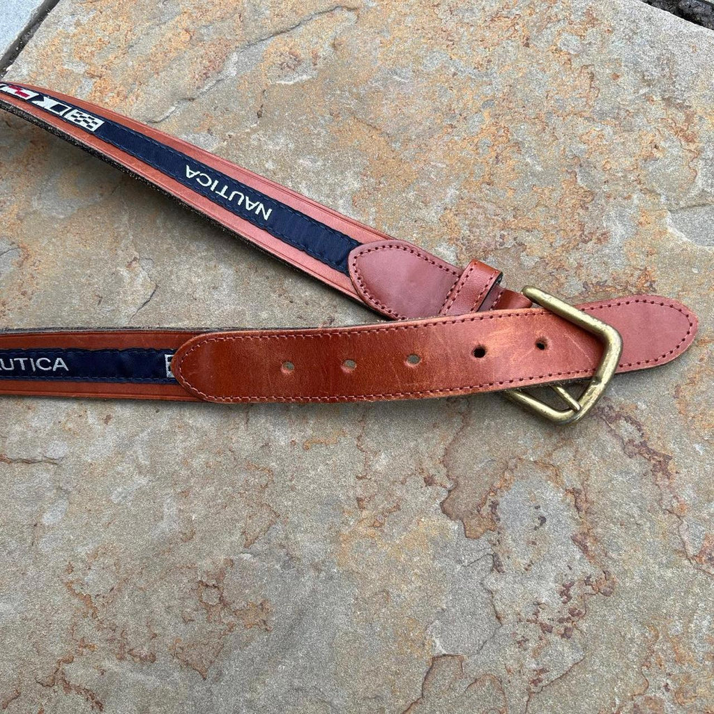 Y2K Nautica Brown Leather Flag Taping Belt