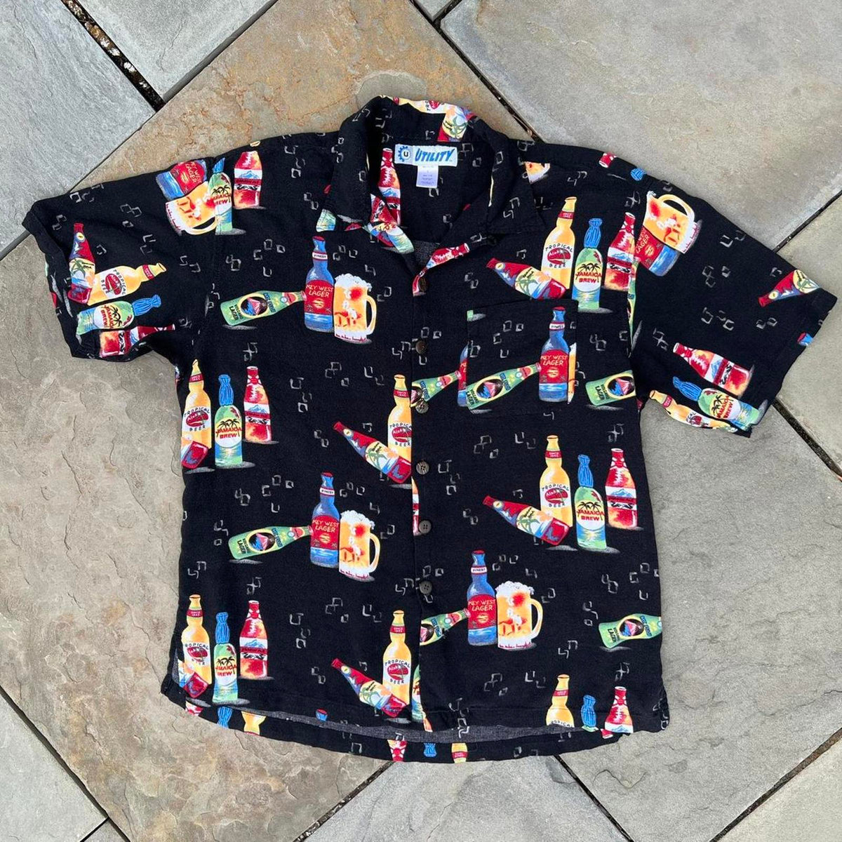 Black Short Sleeve Beer Pattern Button Down Shirt