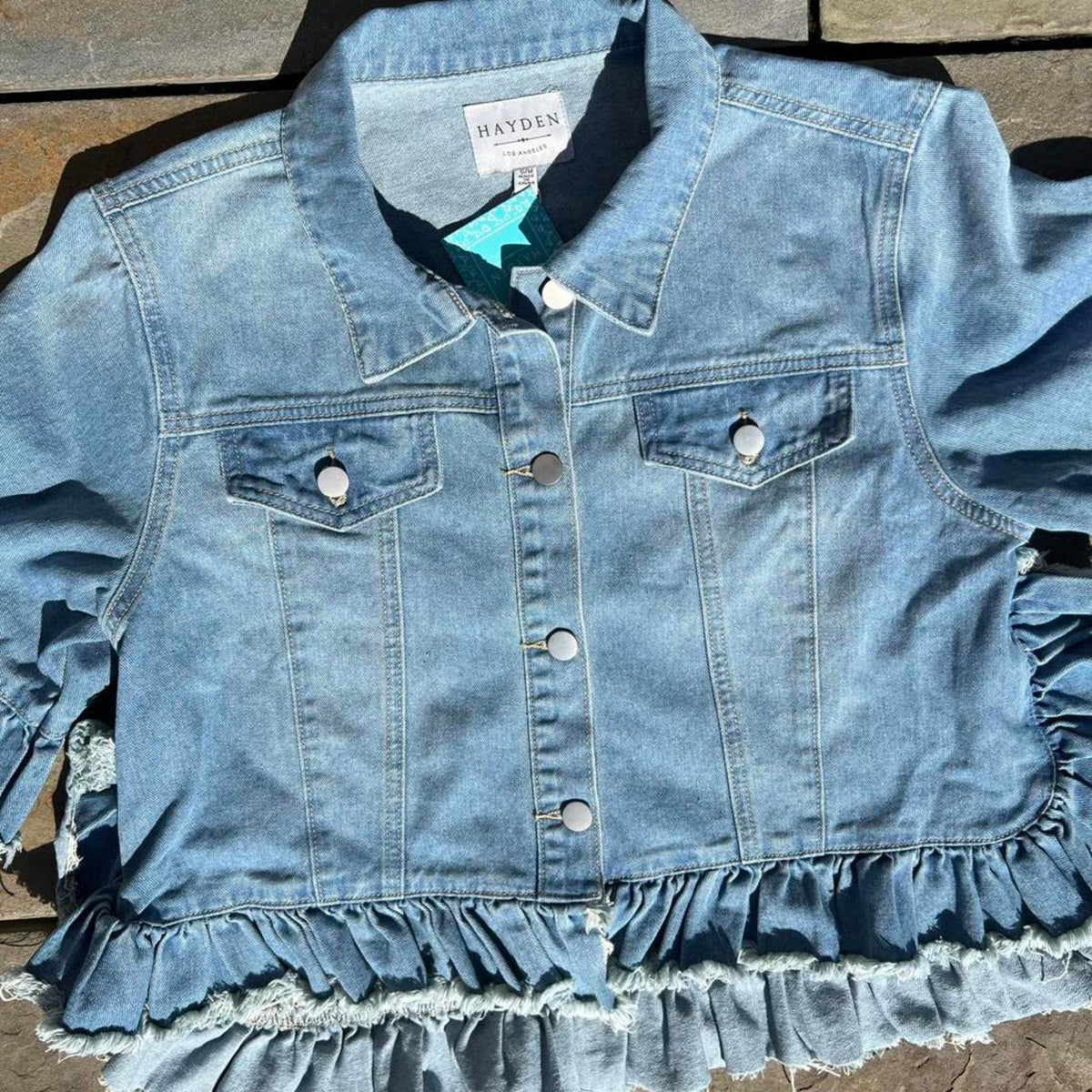 NWT Stonewashed Denim Ruched Frill Jacket