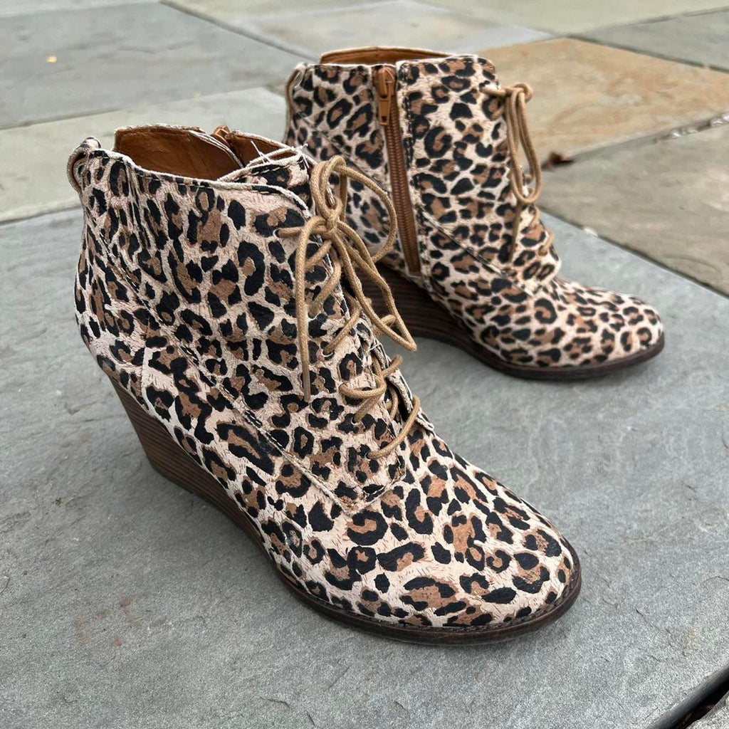 Leopard Lace Up Wedge Heel Ankle Boots