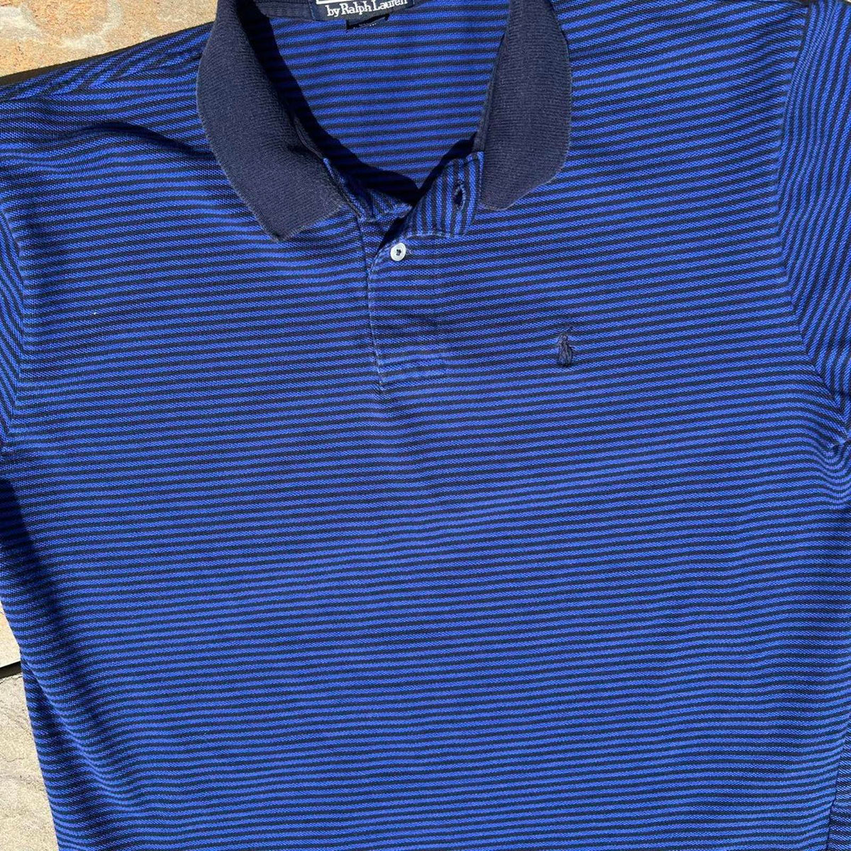 Y2K Polo by Ralph Lauren Blue Navy Micro Stripe Pique Polo