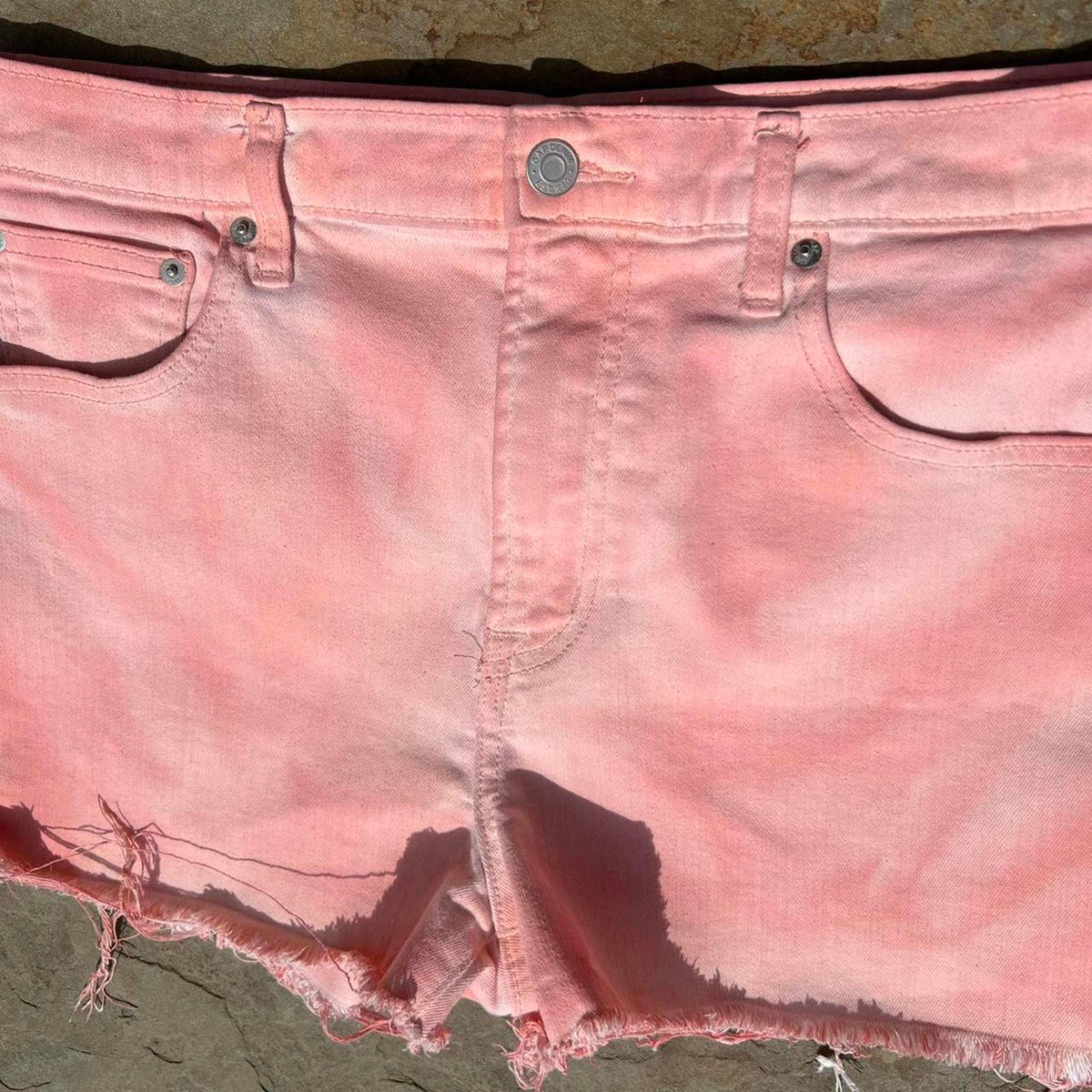 Pink Peach Overdyed Reworked Frayed Denim Shorts