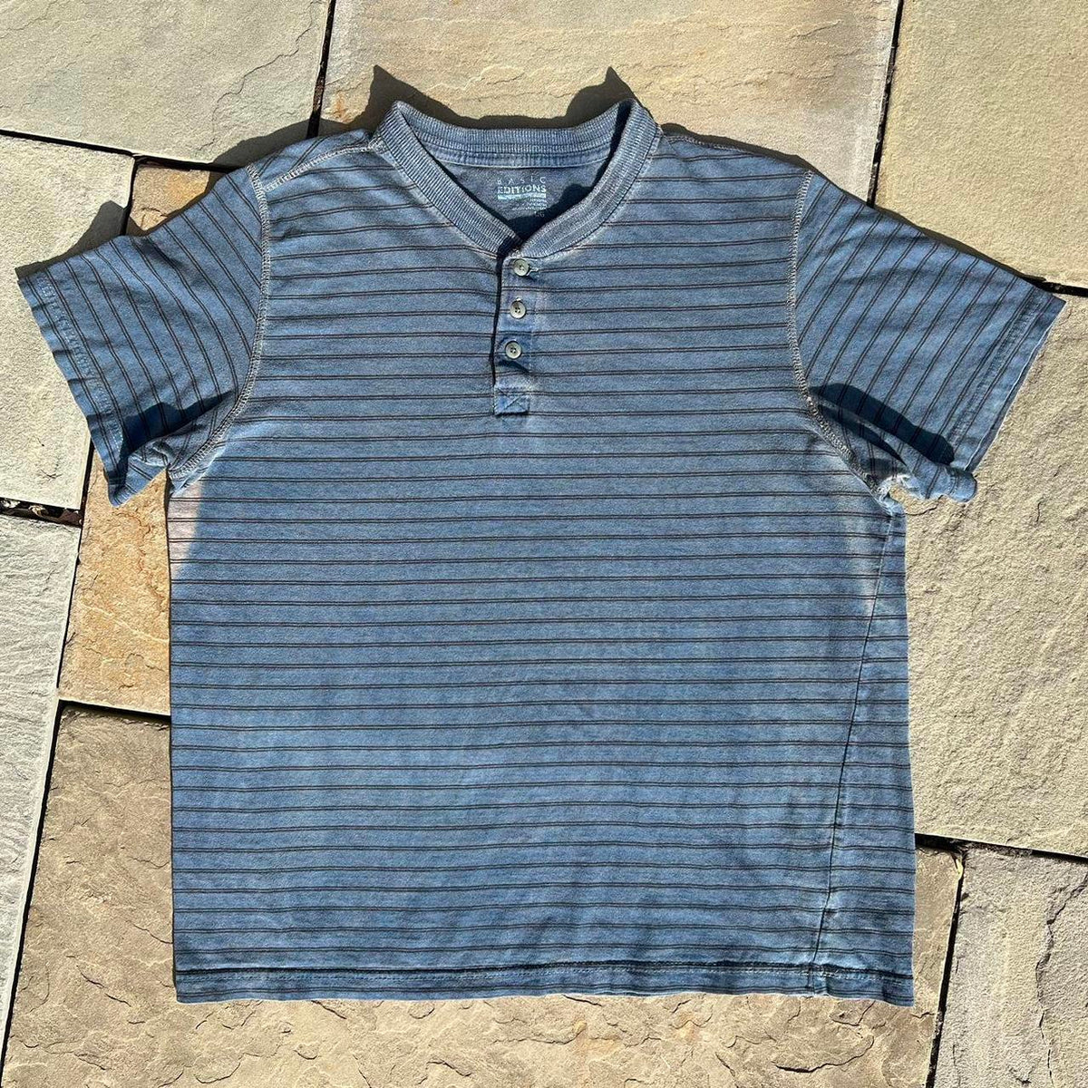 Y2K Blue Tan Overdyed Reworked Striped Henley
