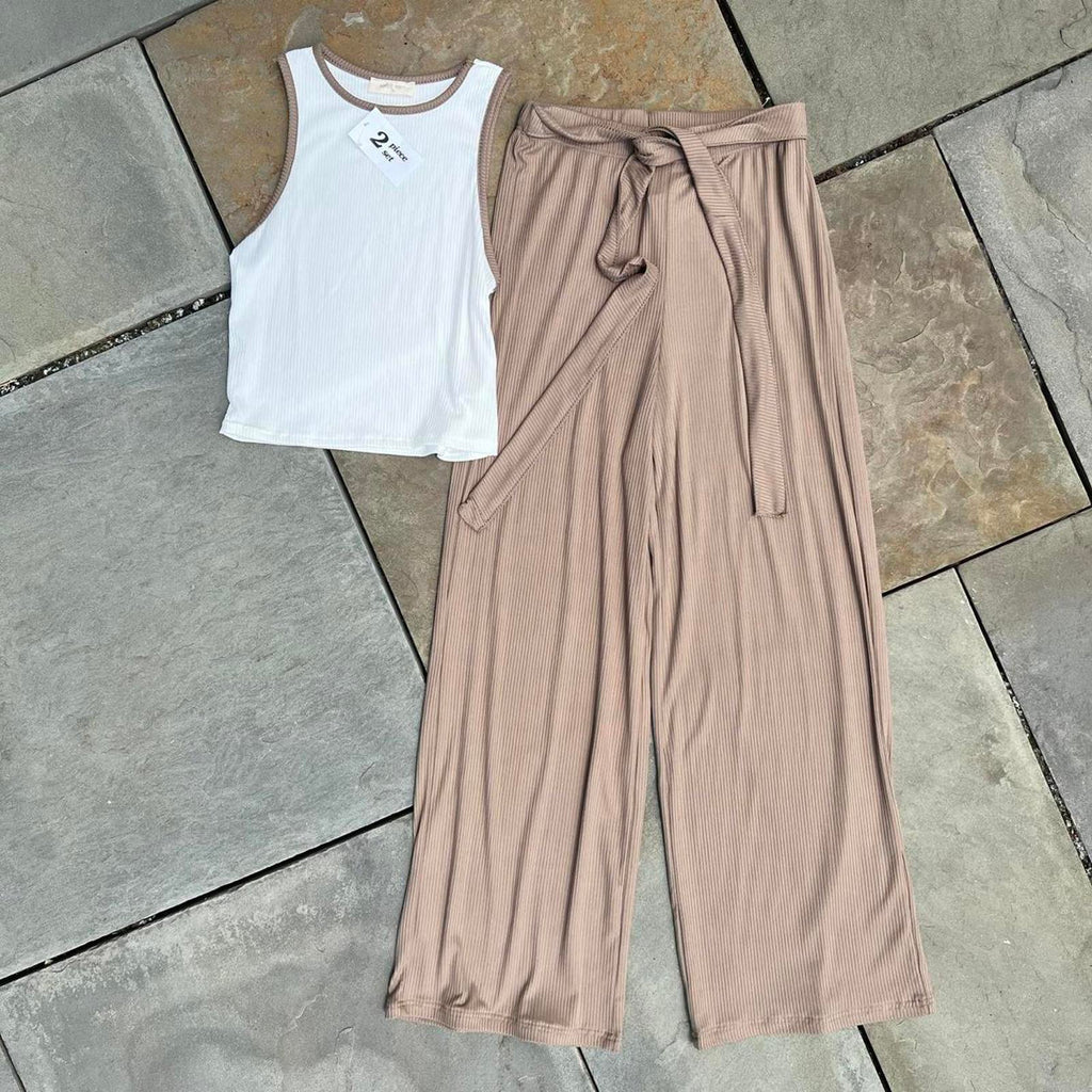 NWT 2 Piece White/Brown Tank Top + Flowy Pants Made in USA
