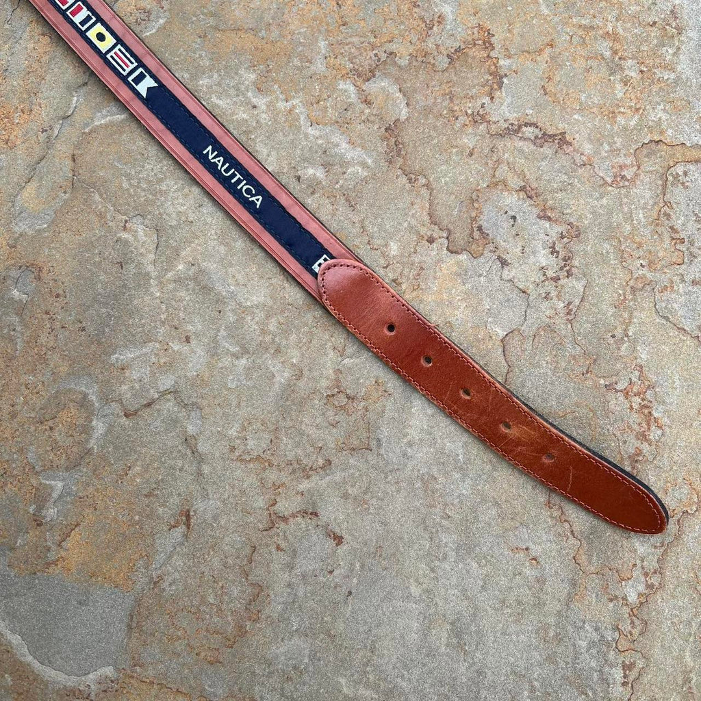 Y2K Nautica Brown Leather Flag Taping Belt