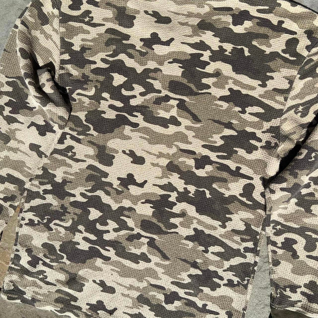 Y2K Tan Camo Waffle Knit Thermal Henley