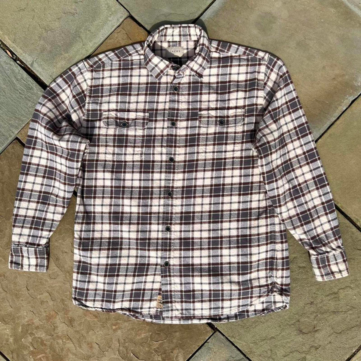 Cream/Grey/Burgundy Plaid Knit Flannel Button Down Shirt