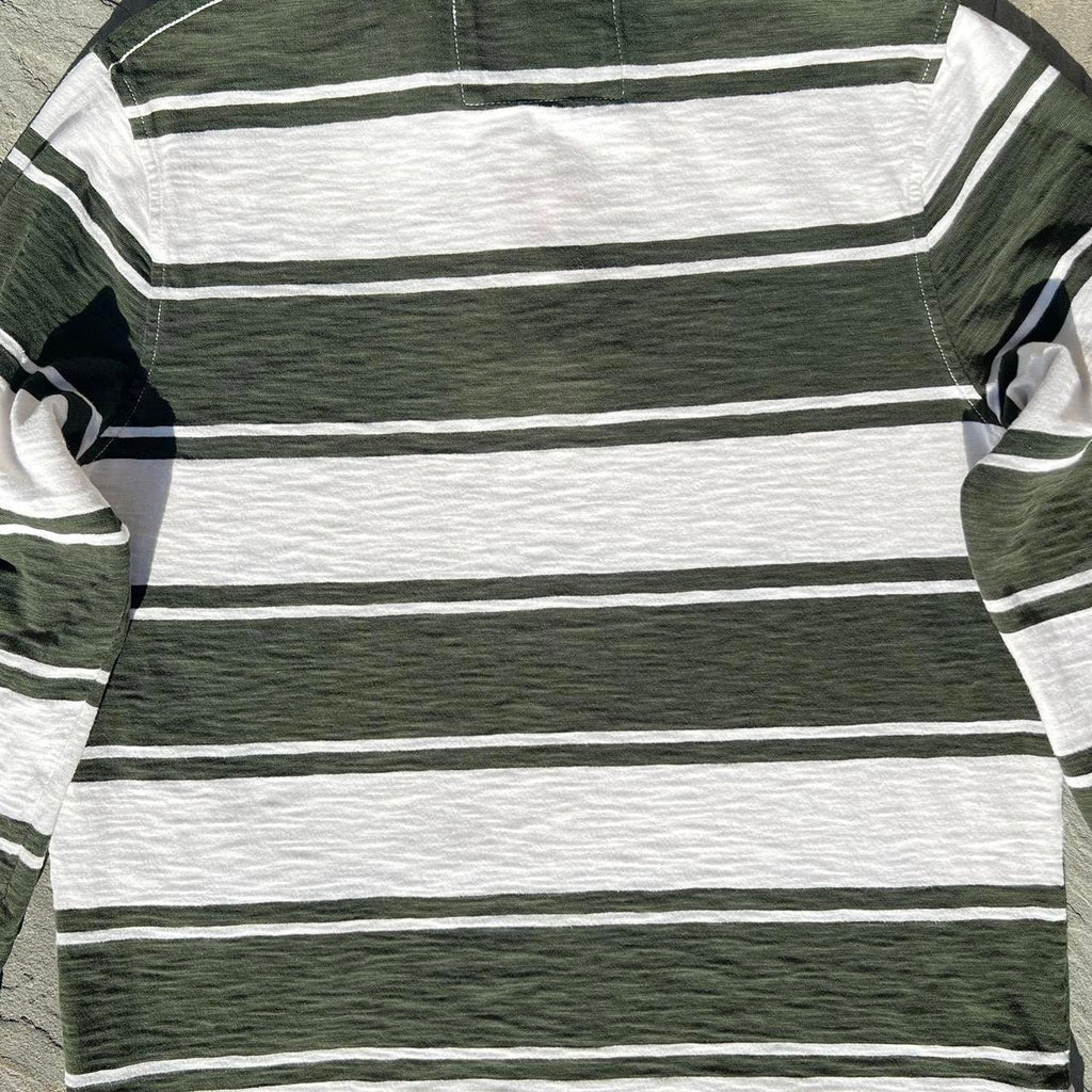 Green and White Thick Striped Slub Rugby Polo