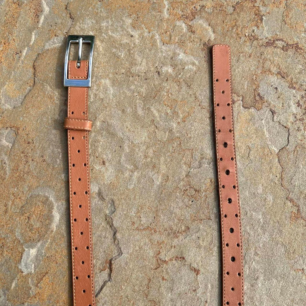 Y2K Light Brown Leather Hole Punch Design Belt Made in Italy