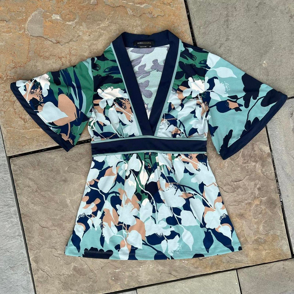 Teal Blue Floral V-neck Blouse
