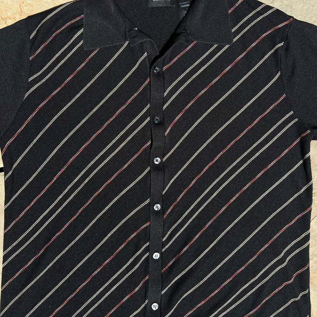 Y2K Black Silk Diagonal Varied Stripe Casual Shirt
