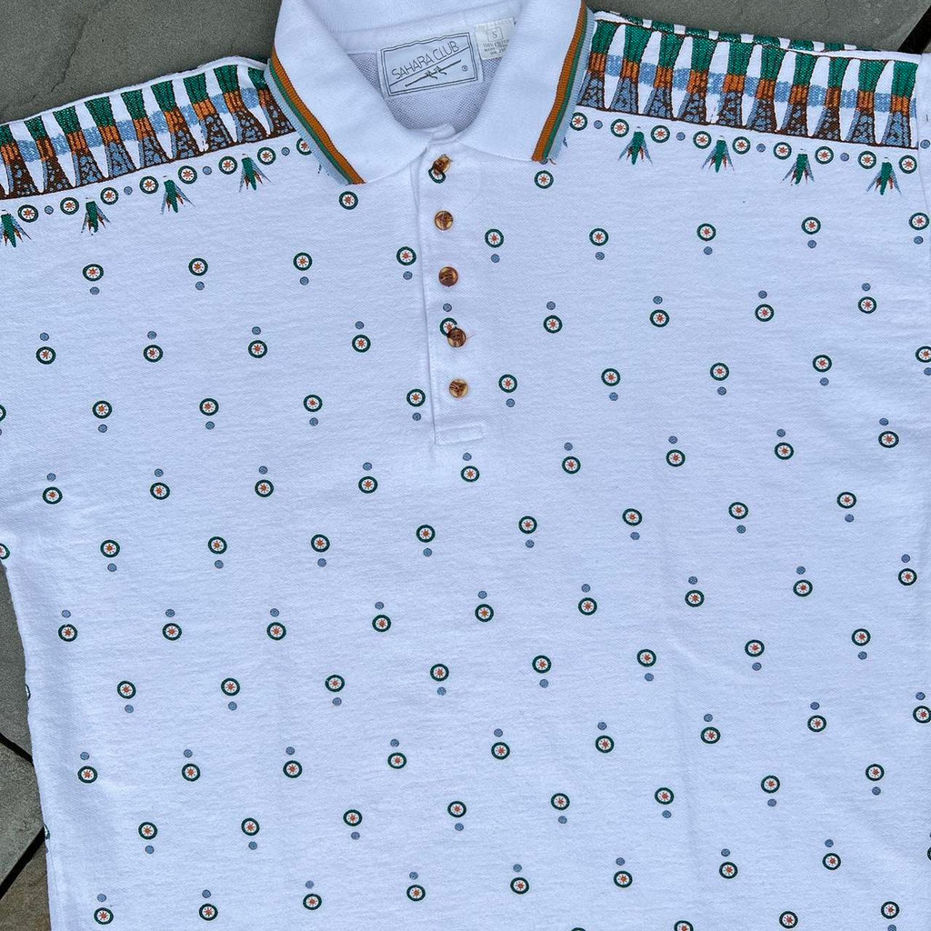 Vintage 80s Sahara Pattern White Polo Shirt