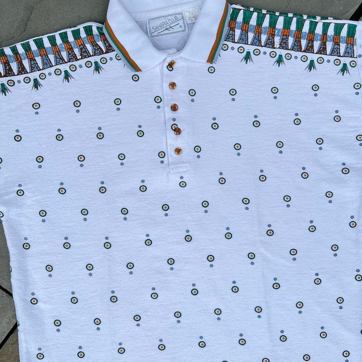 Vintage 80s Sahara Pattern White Polo Shirt