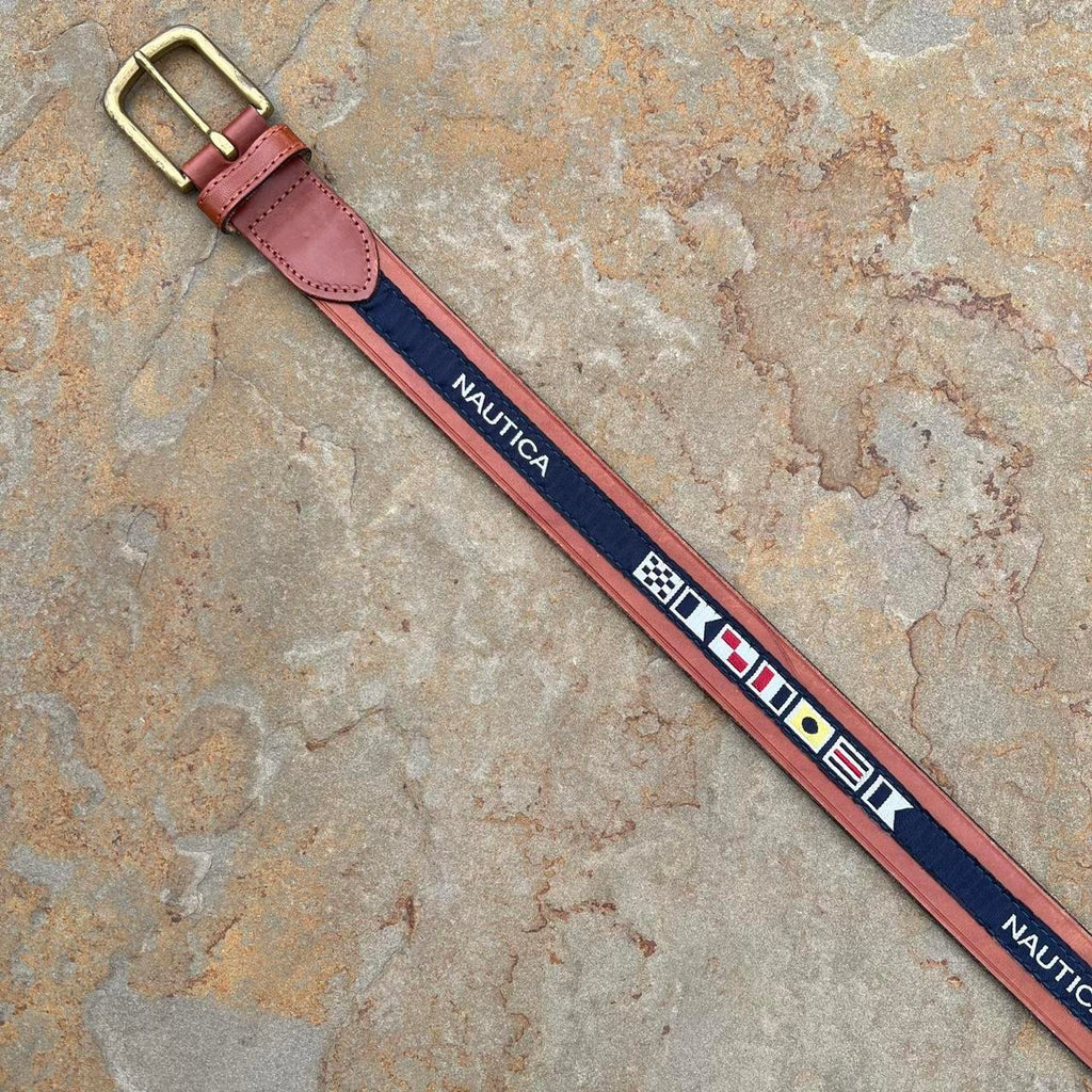 Y2K Nautica Brown Leather Flag Taping Belt