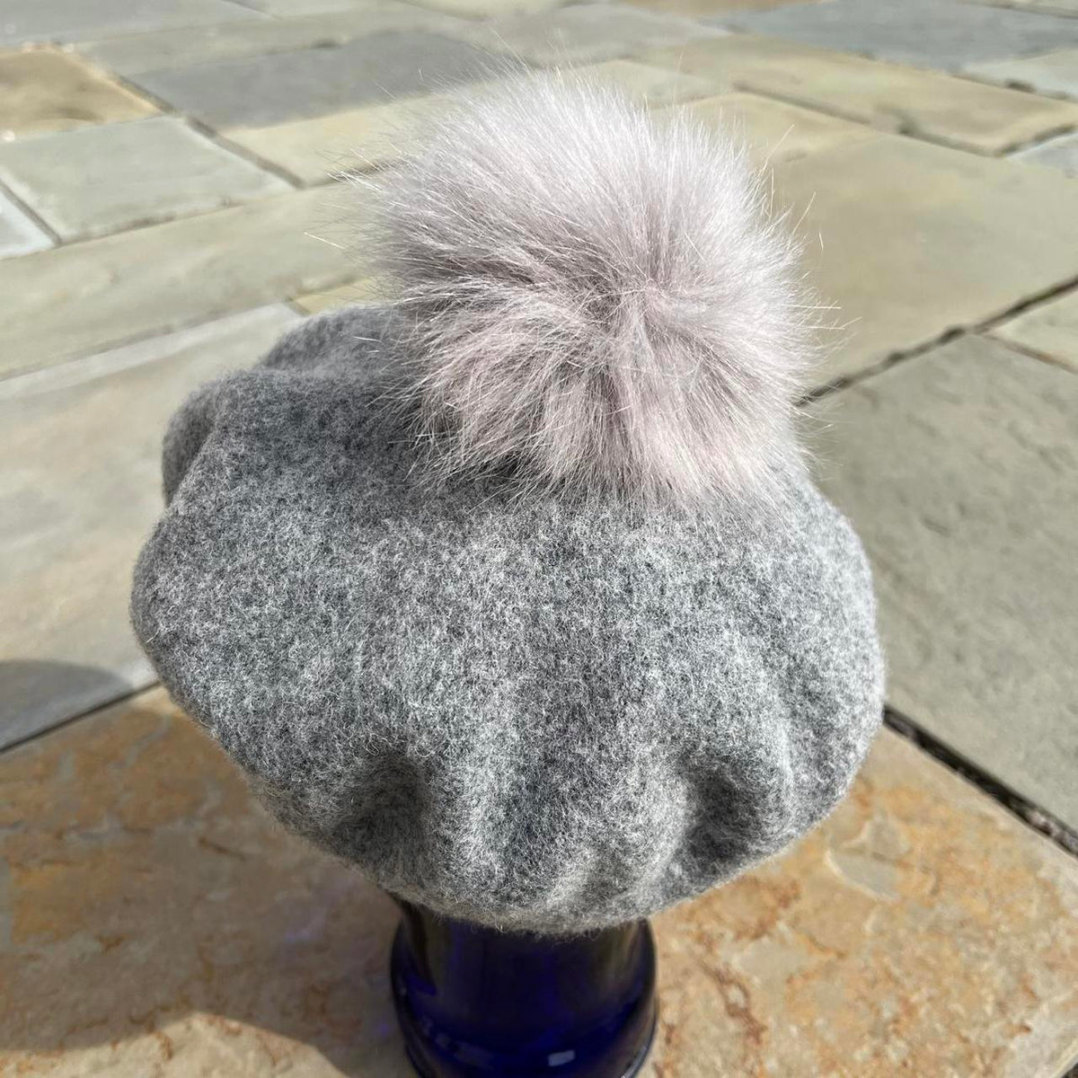 Wool Blend Grey Beret Poof Hat