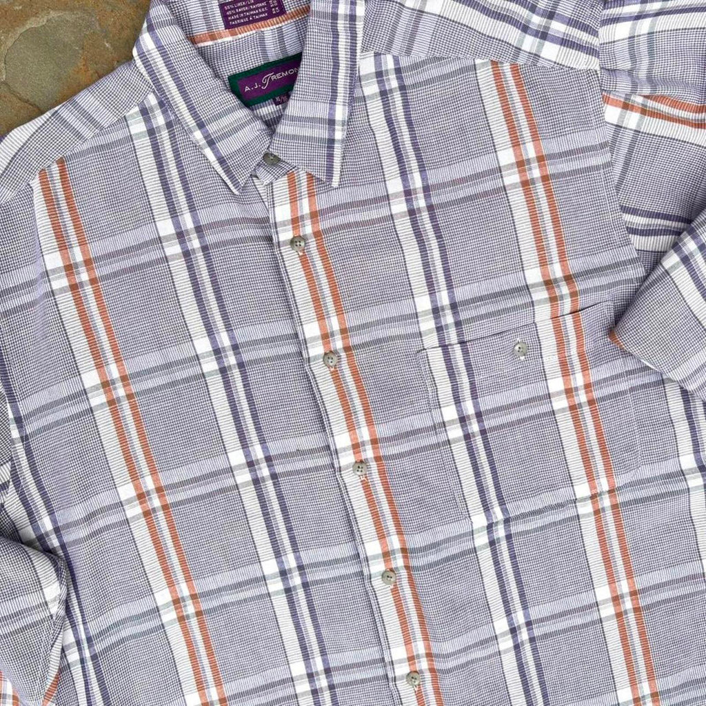 Neo-Vintage 90s Purple Orange Houndstooth Plaid Linen Shirt