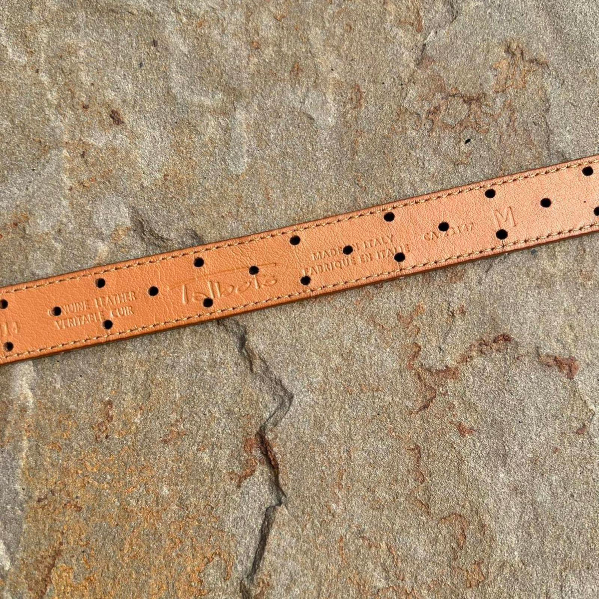 Y2K Light Brown Leather Hole Punch Design Belt Made in Italy