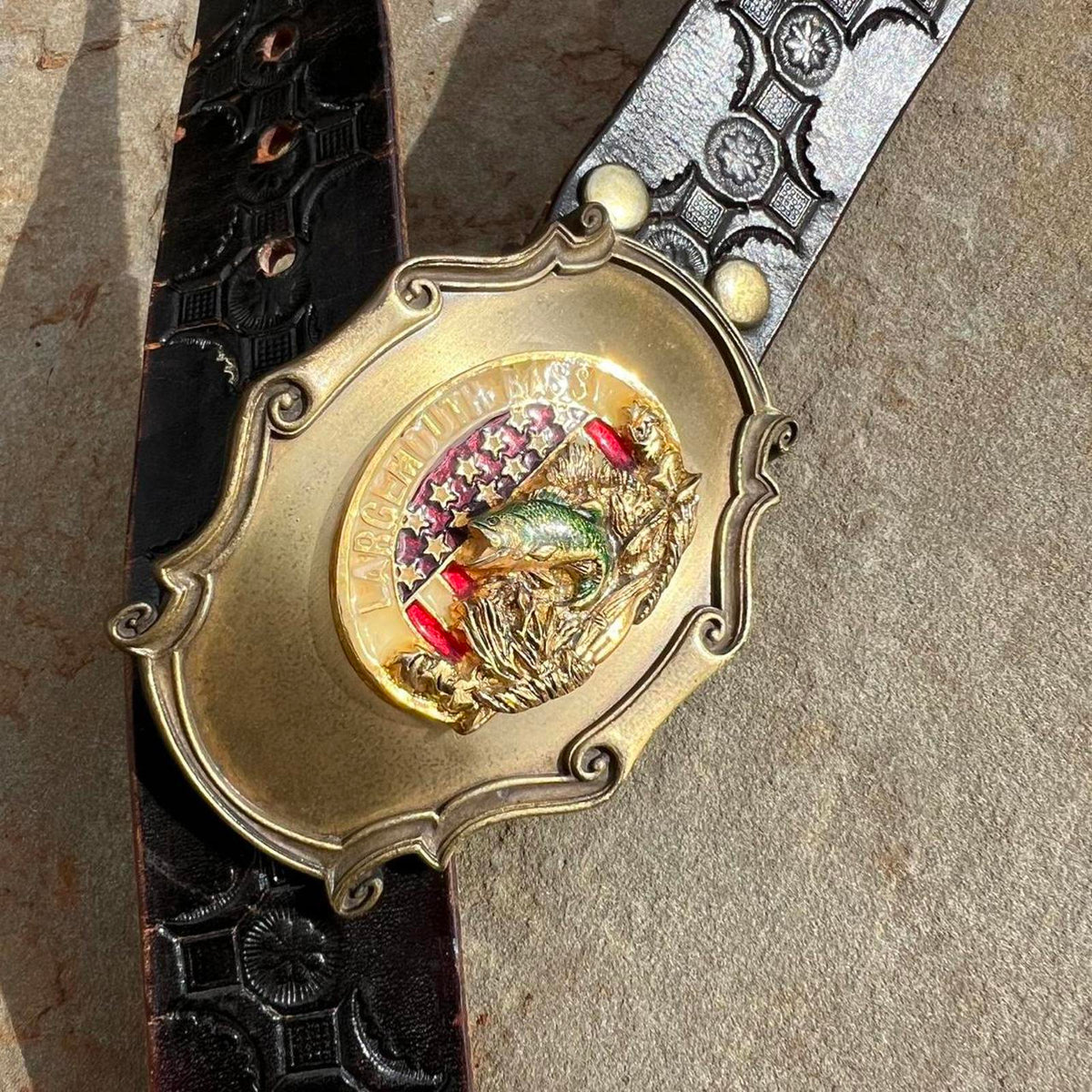 Vintage 70s Fishing Buckle Embossed Black Leather Belt