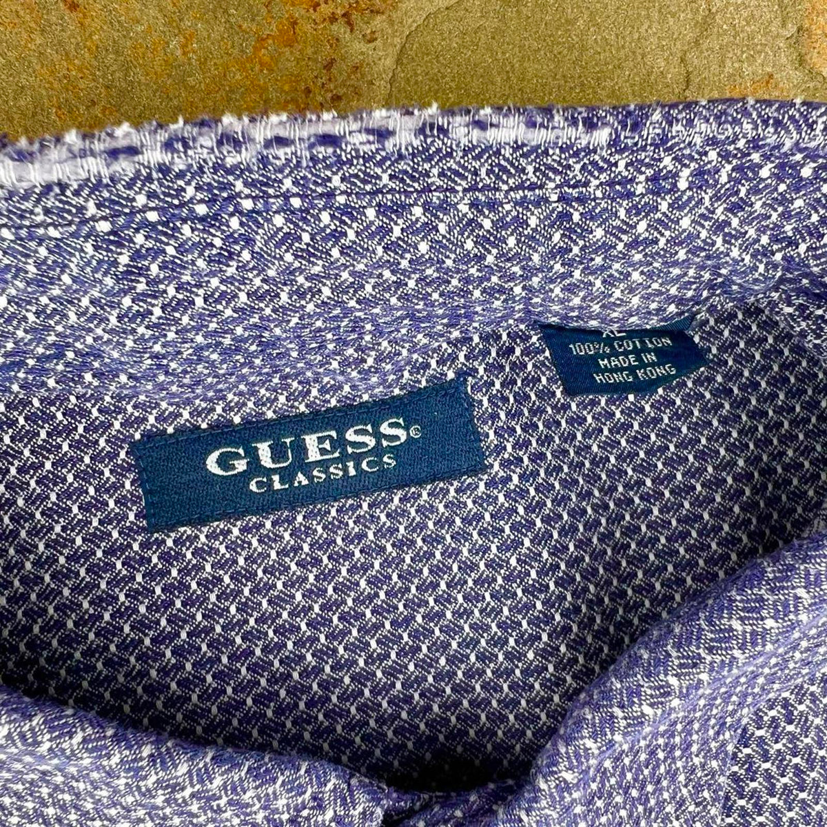 Vintage 90s Guess Designer Blue Knit Pattern Button Down