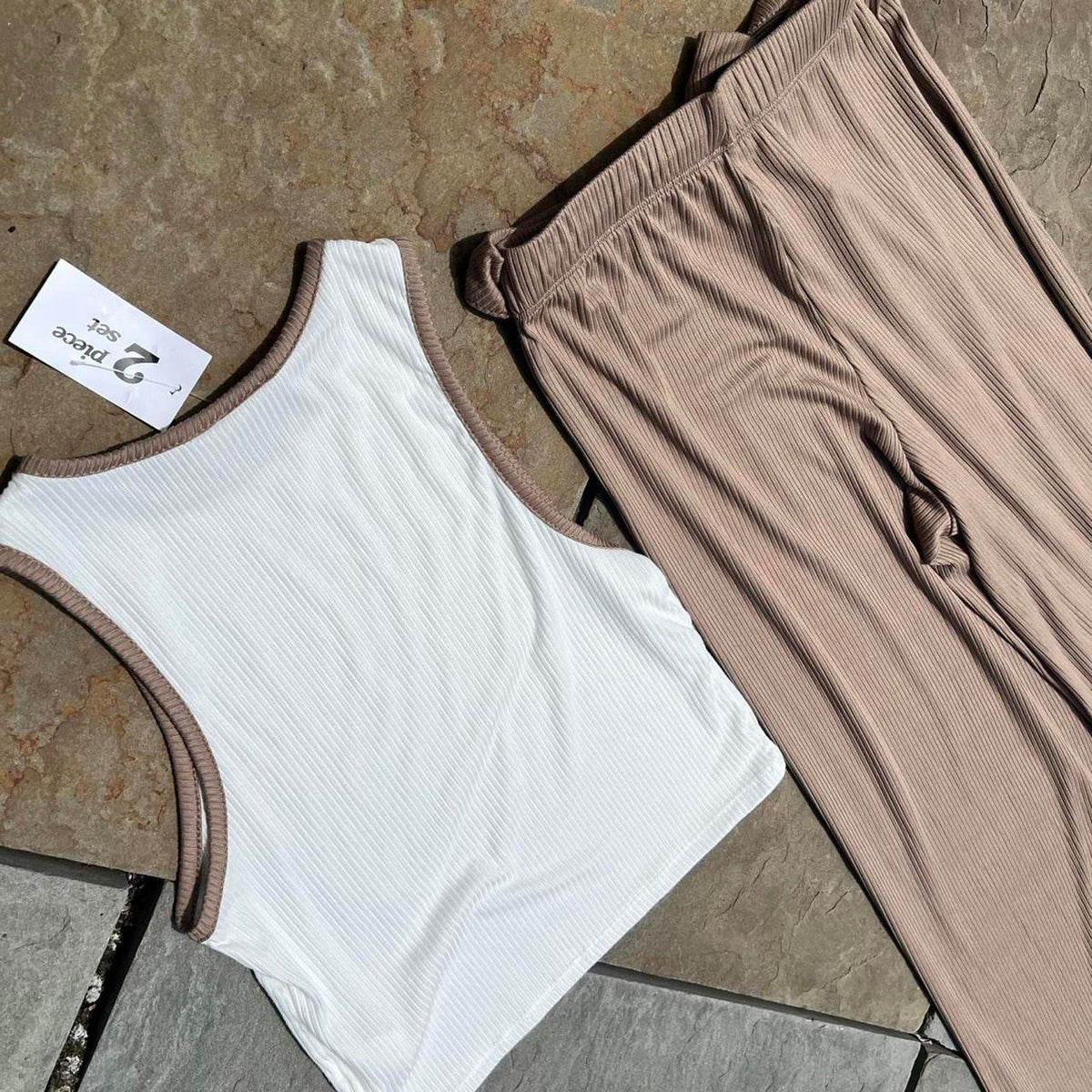 NWT 2 Piece White/Brown Tank Top + Flowy Pants Made in USA