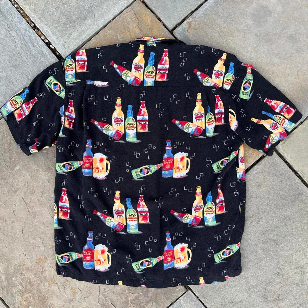 Black Short Sleeve Beer Pattern Button Down Shirt