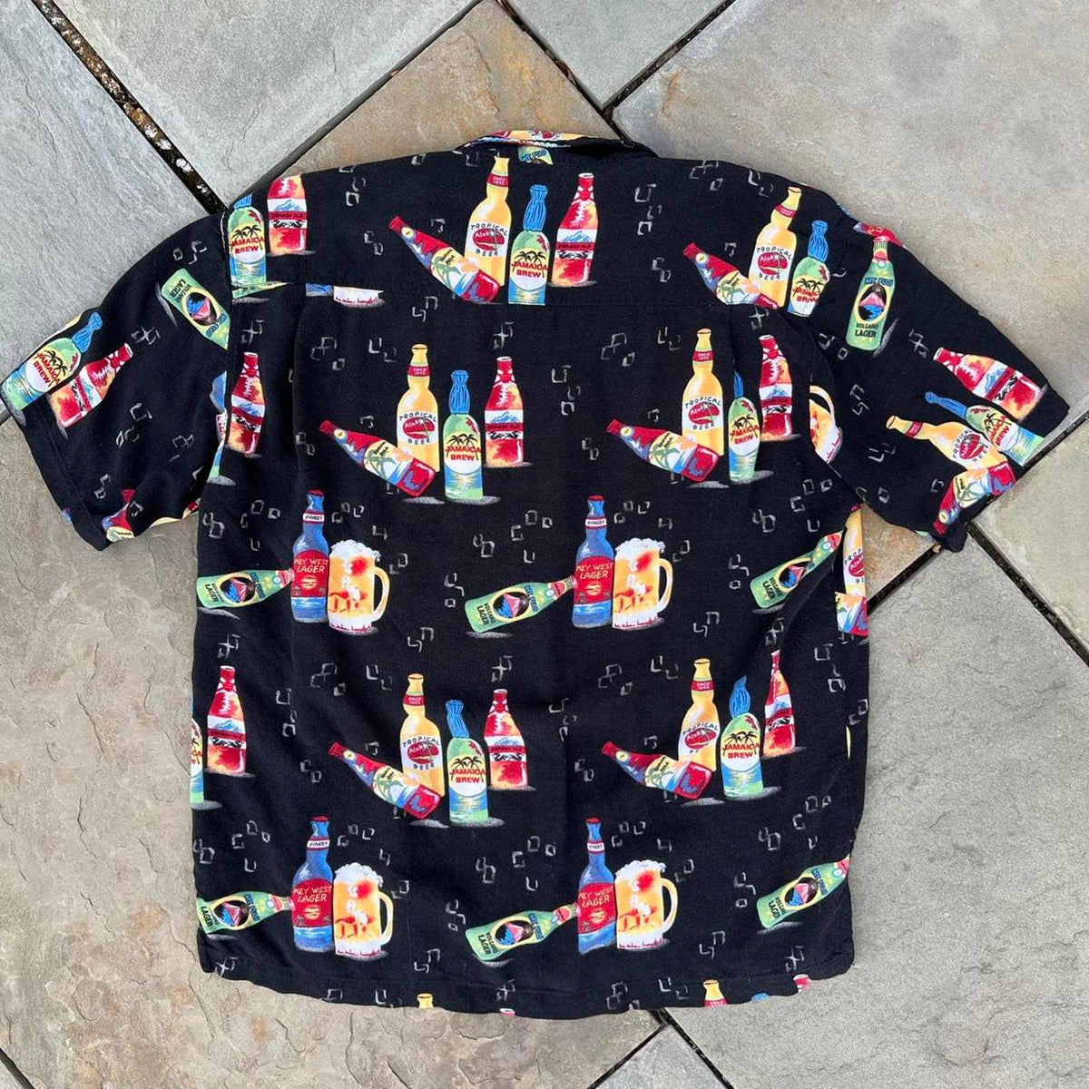 Black Short Sleeve Beer Pattern Button Down Shirt