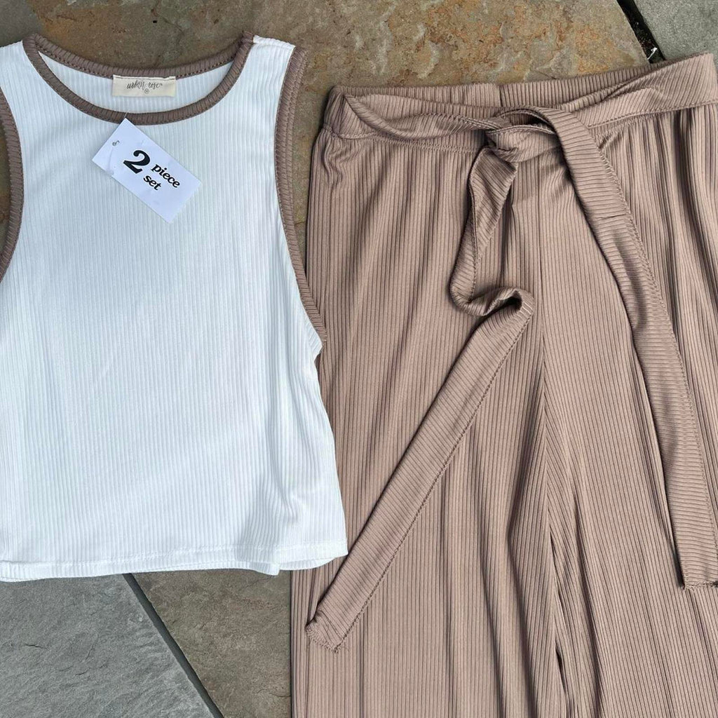 NWT 2 Piece White/Brown Tank Top + Flowy Pants Made in USA