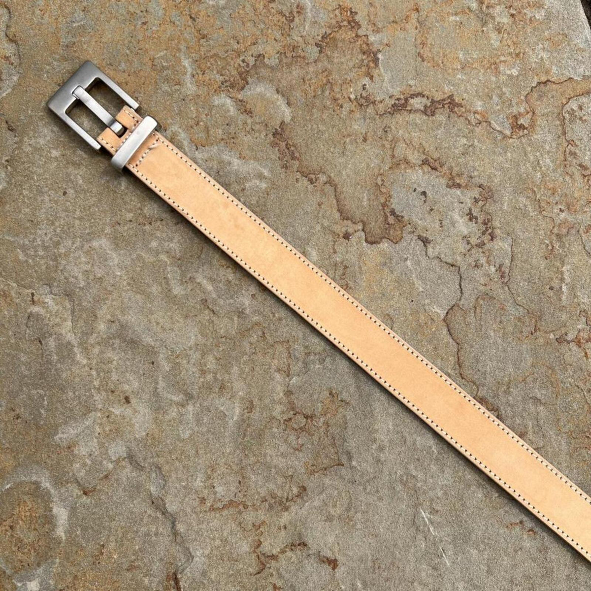 Vintage 90s Italian Leather Tan/Pale Purple Stitch+Edge Belt