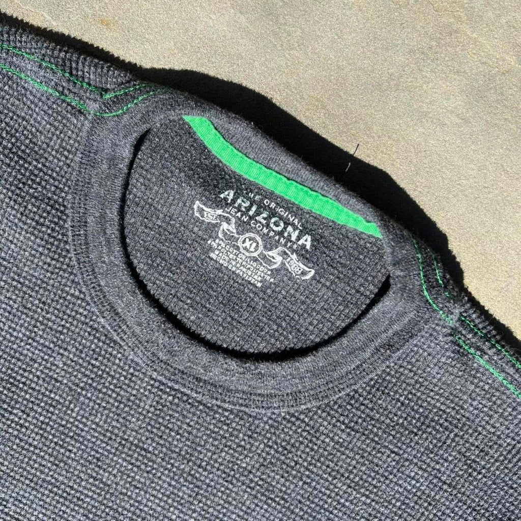 Y2K Minimalist Grey + Green Stitch Waffle Knit Thermal