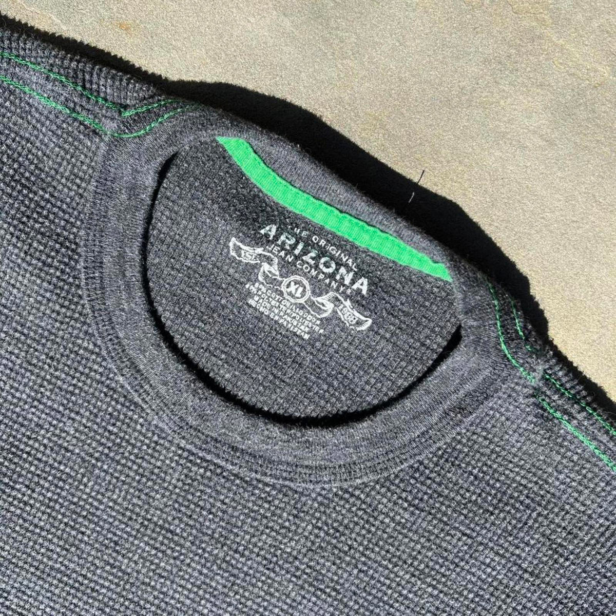 Y2K Minimalist Grey + Green Stitch Waffle Knit Thermal