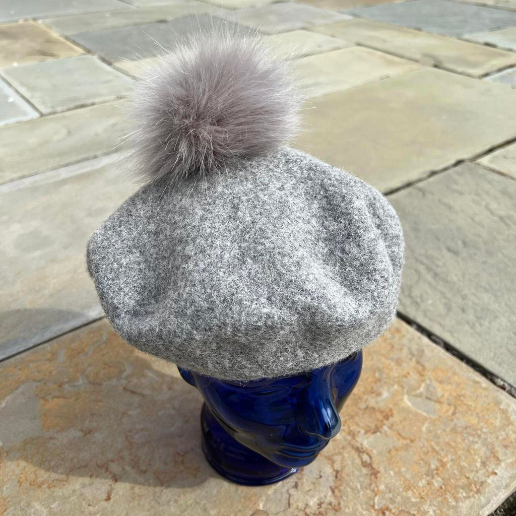 Wool Blend Grey Beret Poof Hat