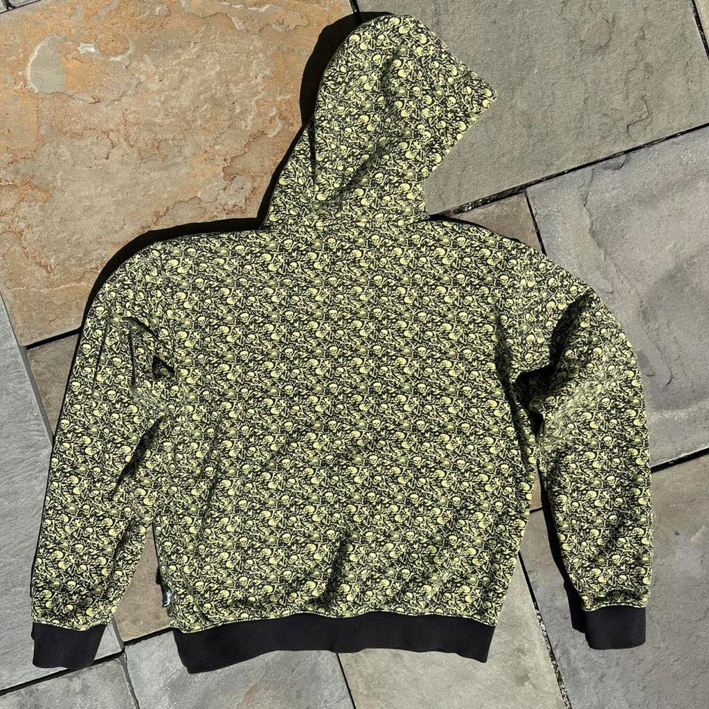 Stussy Rare Skull + Bones Pattern Hoodie Highlighter Yellow