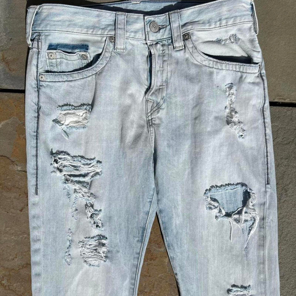 True Religion Distressed Light Wash Slouchy Tapered Jeans 32