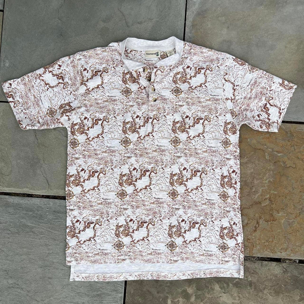 Y2K Compass Map Pattern Short Sleeve Henley T-Shirt