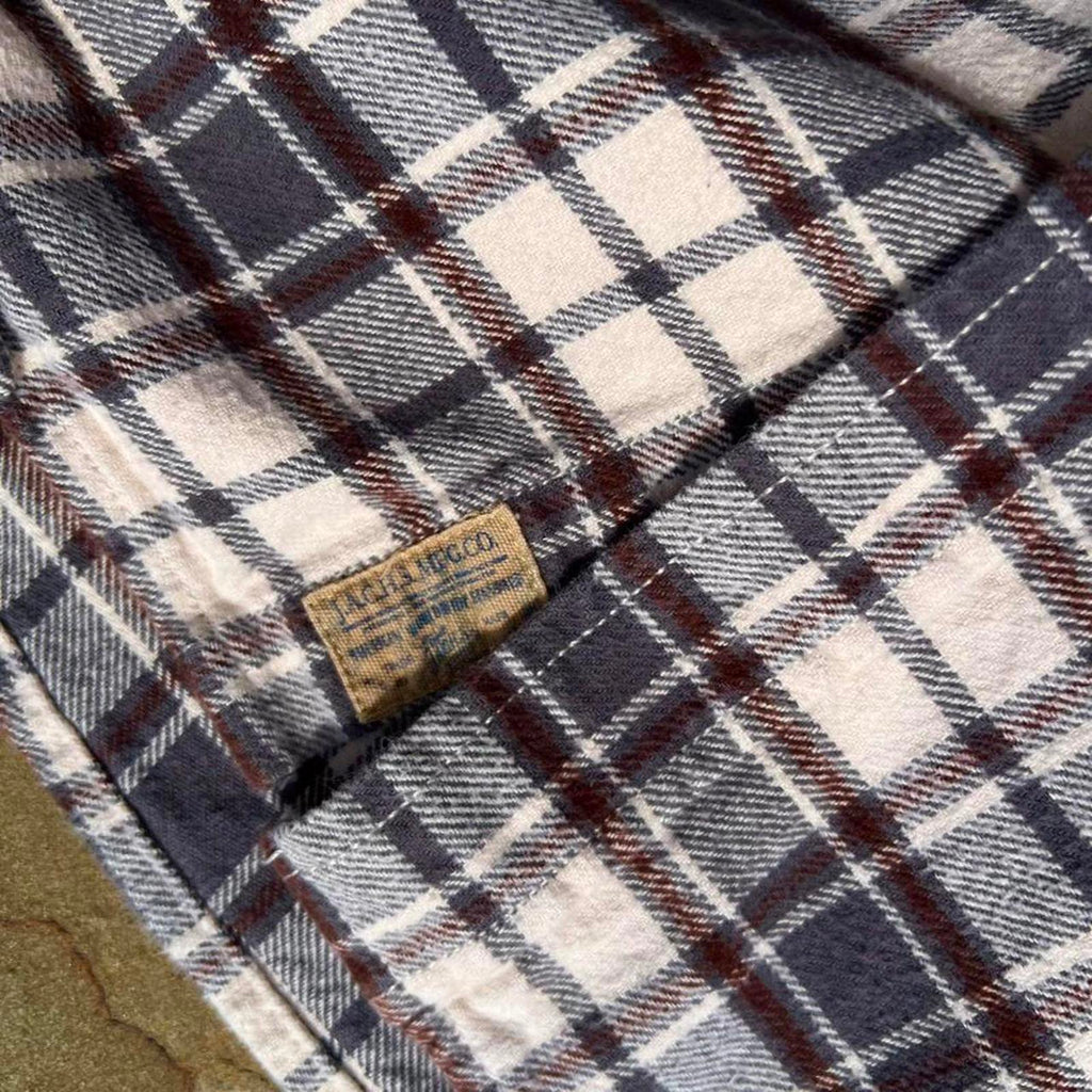 Cream/Grey/Burgundy Plaid Knit Flannel Button Down Shirt