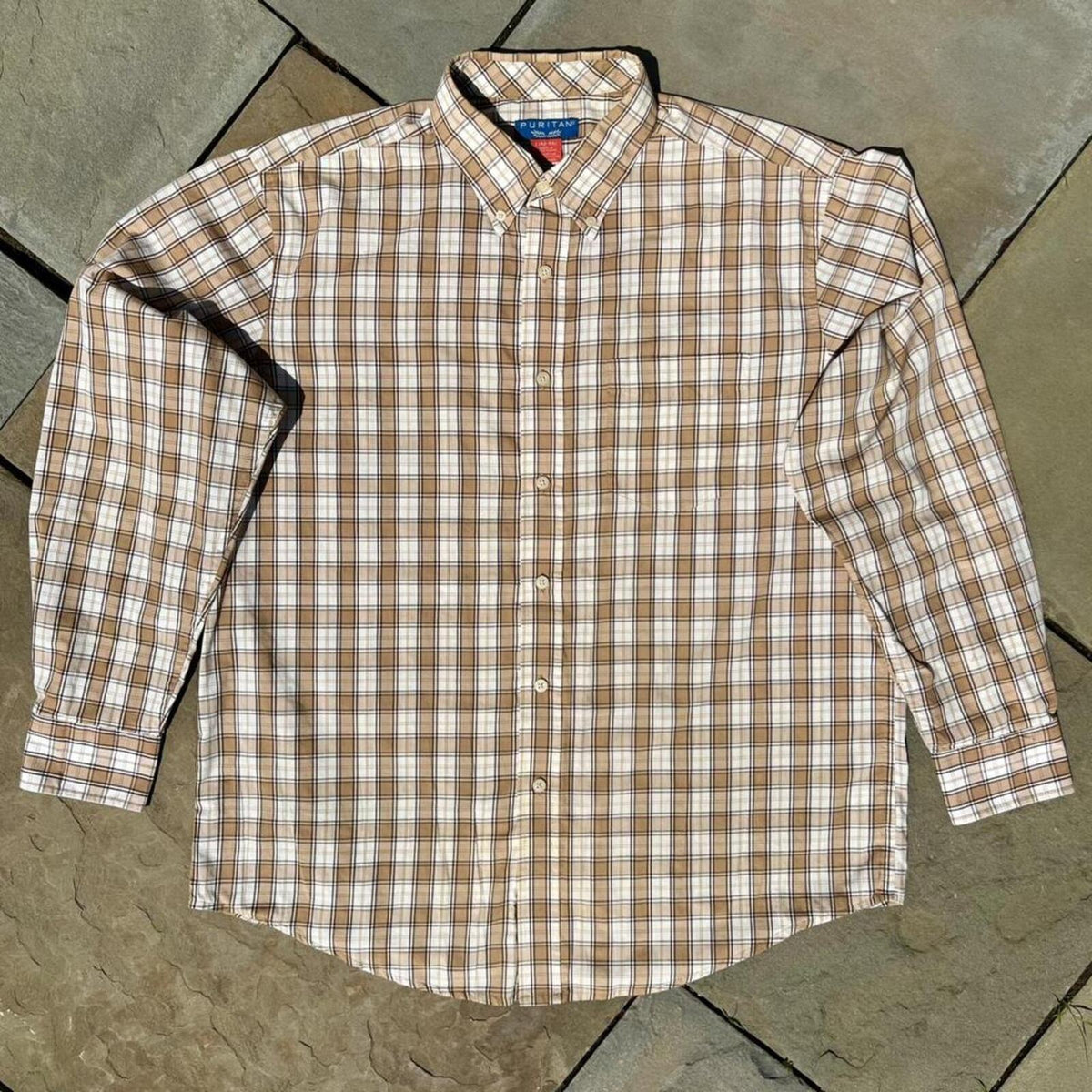 Vintage 80s Tan Brown Plaid Button Down Shirt