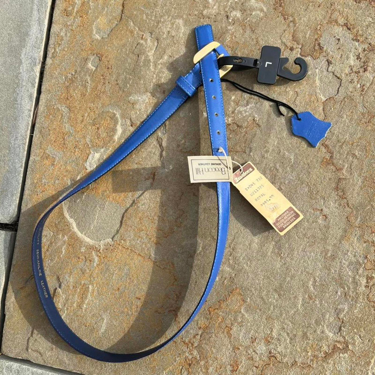 Deadstock NWT Vintage 90s Blue Leather Thin Square Tip Belt