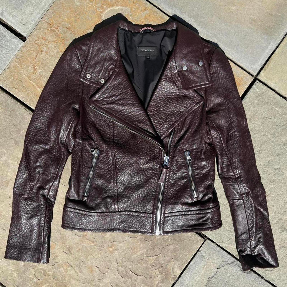 Mackage Montreal Burgundy Textured Leather Biker Jacket