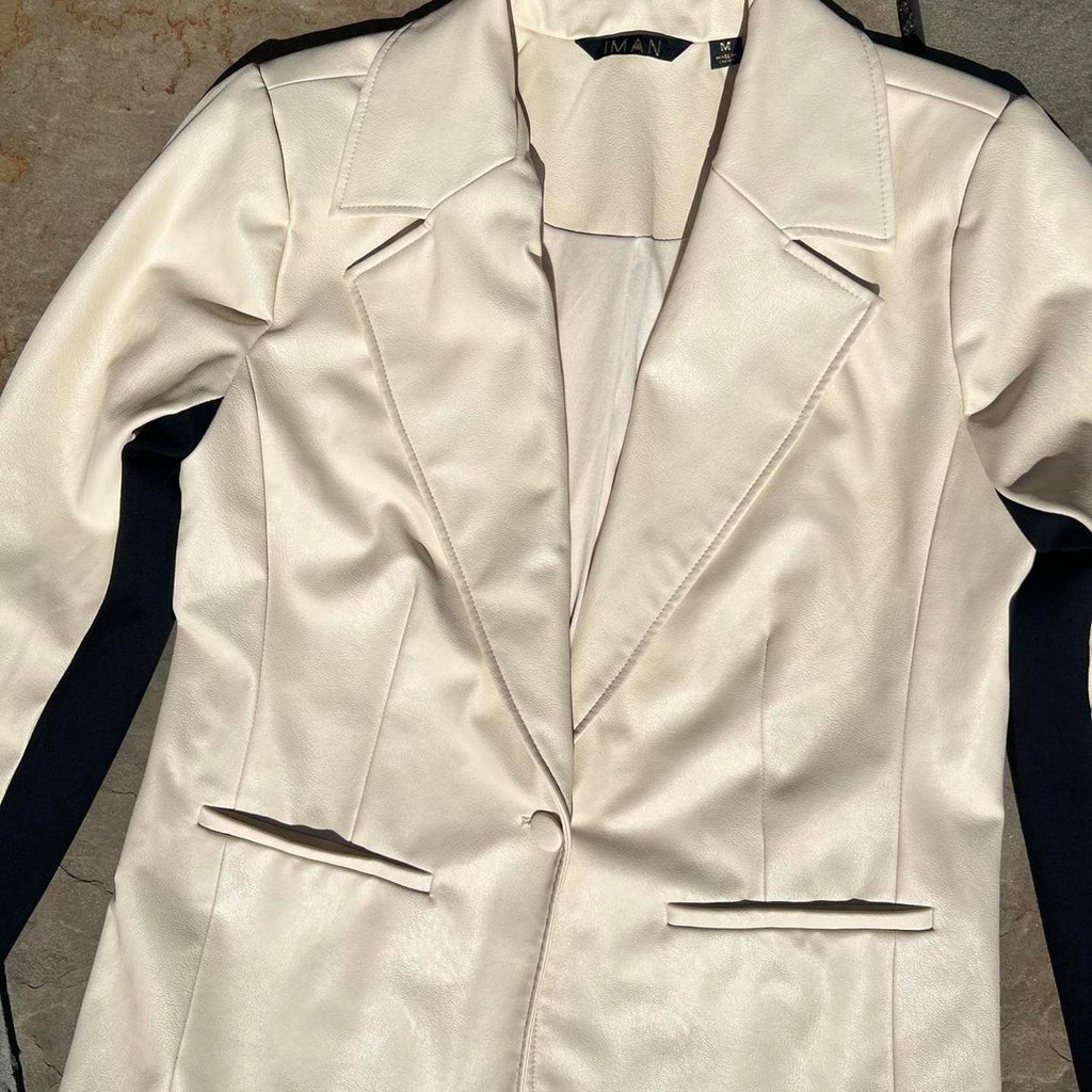 Cream Black Contrast Faux Leather Blazer Jacket