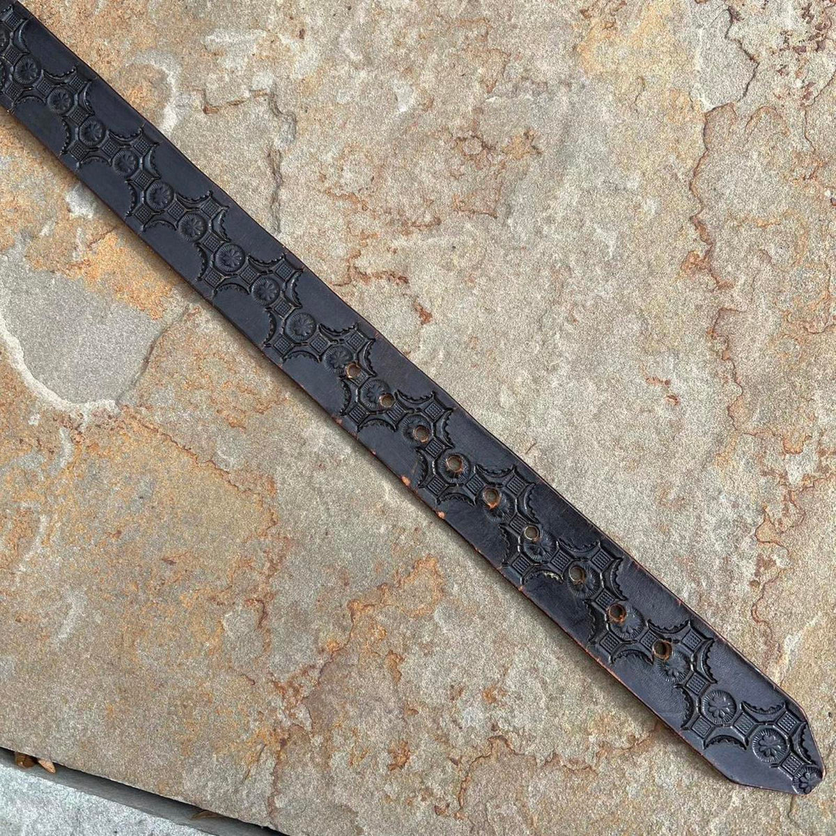 Vintage 70s Fishing Buckle Embossed Black Leather Belt