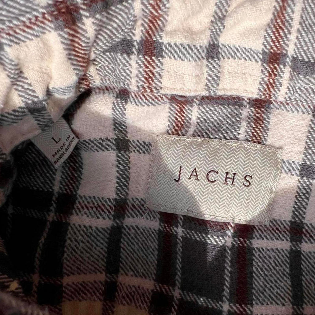 Cream/Grey/Burgundy Plaid Knit Flannel Button Down Shirt