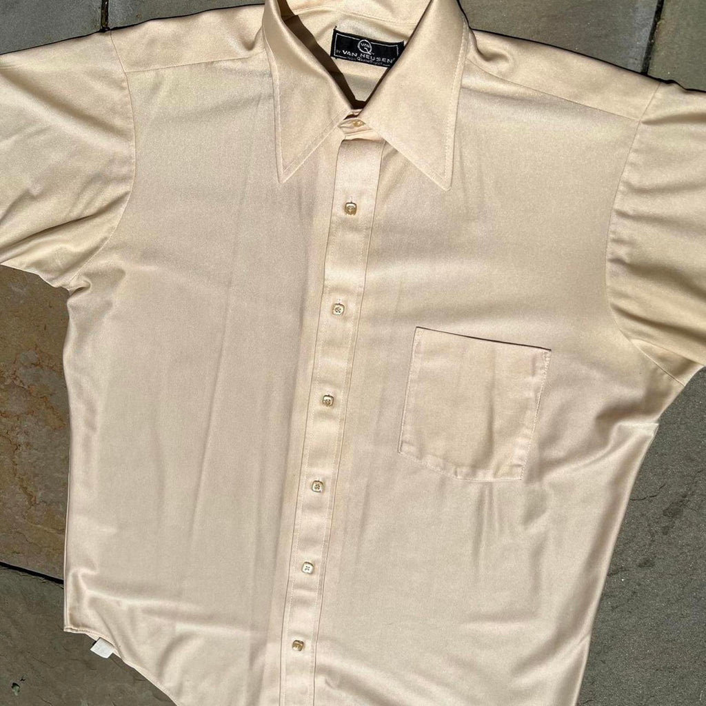 Vintage 70s Pale Yellow Qiana Nylon Short Sleeve Club Shirt