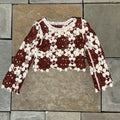 American Flirt white and brown crochet long sleeve top