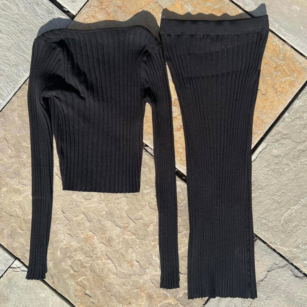 2 Piece Vertical Texture Knit V-Neck Sweater Split Skirt Set