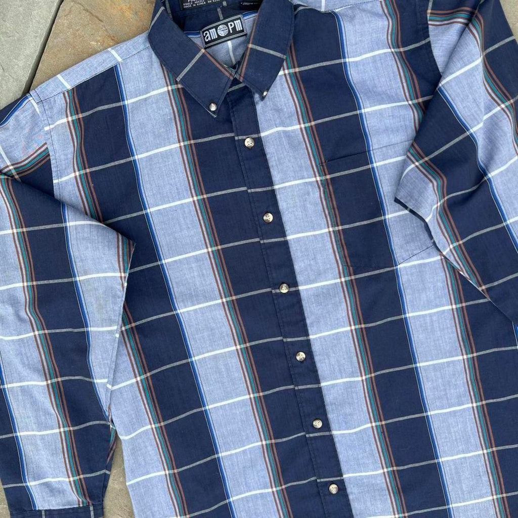 Vintage 80s Blue Vertical Plaid Button Down Shirt