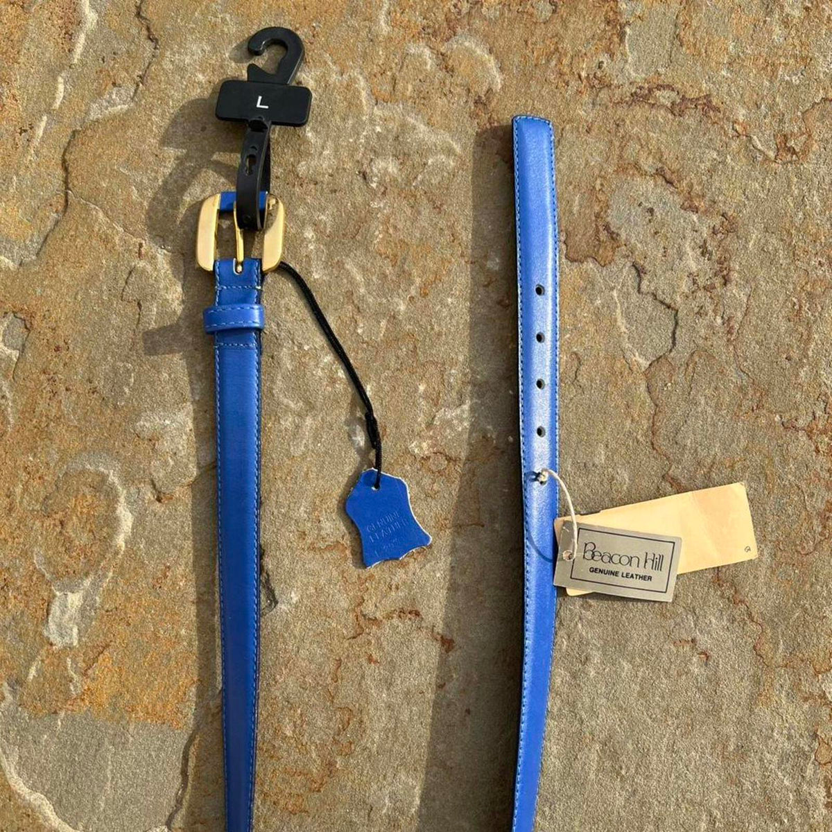 Deadstock NWT Vintage 90s Blue Leather Thin Square Tip Belt