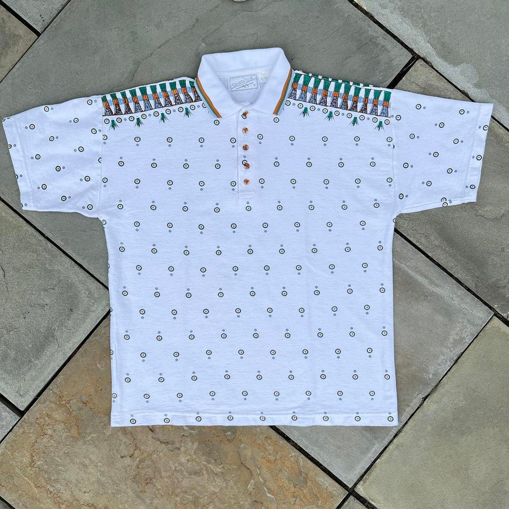 Vintage 80s Sahara Pattern White Polo Shirt